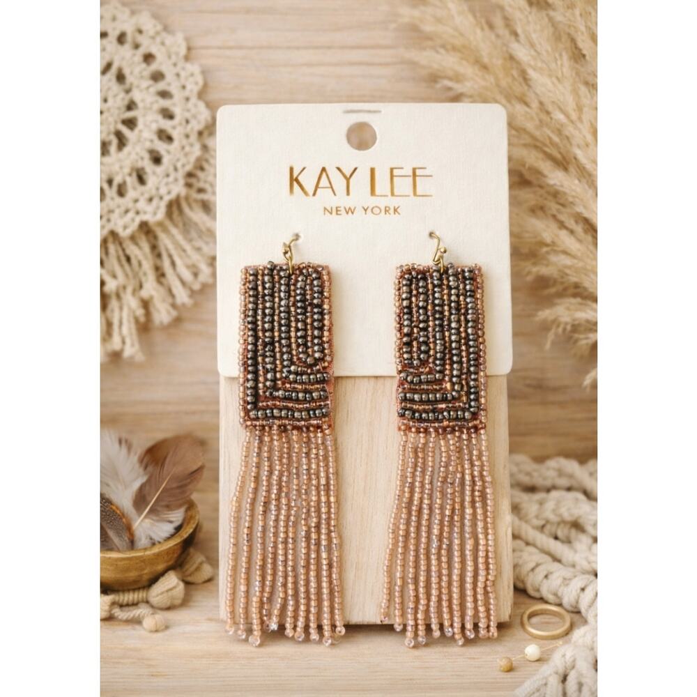 Kay Lee Natural Tone Beaded Fringe Earrings New - Picture 2 of 3